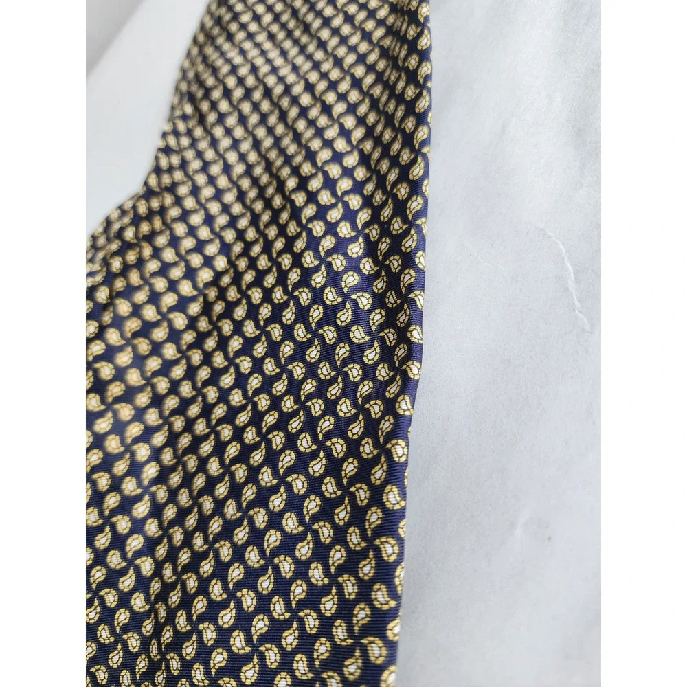 Angelique Paris Silk Tie Navy Blue Gold Micro Paisley Made in Italy Men Acc.